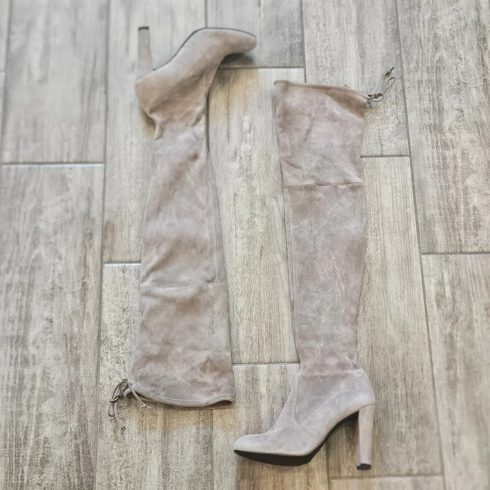 Stuart Weitzman Over The Knee Boots Size 7 Taupe Suede Block Heel Tie Back Chic